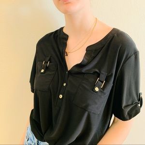 Black classic short sleeve soft blouse top